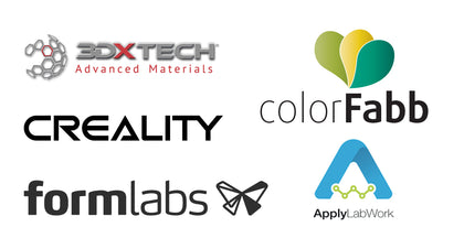 Logos of 3D printing brands such as Formlabs, Creality, Colorfabb, Applylabwork & 3DXTECH