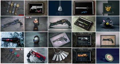 Collectibles & Props from variety of video games containing Destiny Ghost Shell Ace of Spades Thorn Not Forgotten. Nemesis Combat Knife Mansion Keys Ink Ribbon Police Station Keys Death Stranding Higgs Mask Rebellion Sword and Blue Revolver